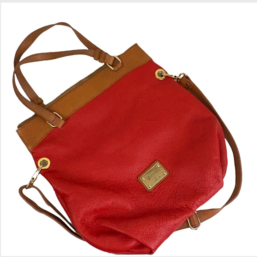 Valentina Women Shoulder Bucket Bag Purse Red and Brown Leather